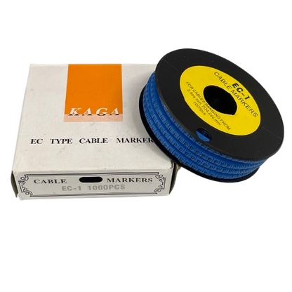 Spool of blue cable markers next to box labeled Cable "F" Marker 2.6mm to 4.2mm Blue for wiring