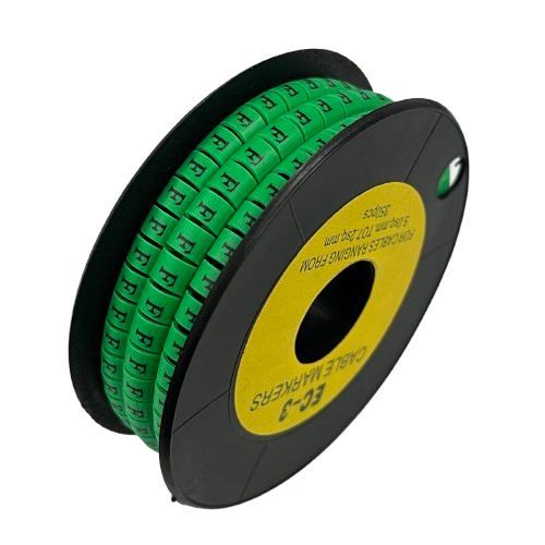 Spool of green cable labels with repeated F characters for organized wiring Cable "F" Marker 5.0mm to 7.2mm Green