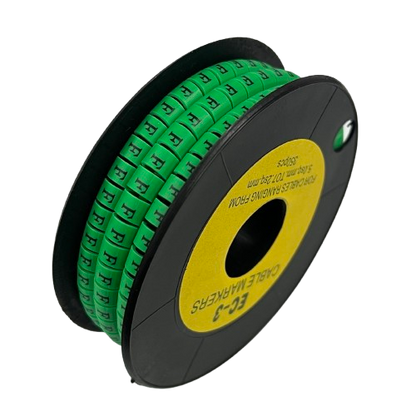 Spool of green cable labels with repeated F characters for organized wiring Cable "F" Marker 5.0mm to 7.2mm Green