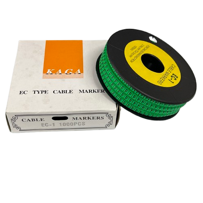 Grippes spool and box of Cable "F" Marker EC-1 Green 2.6mm to 4.2mm cable markers on black background