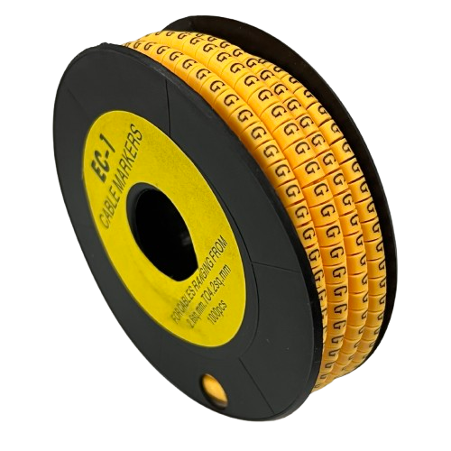 Spool of yellow cable markers labeled Cable "G" Marker 2.6mm to 4.2mm Yellow for wire identification