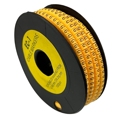 Spool of yellow cable markers labeled Cable "G" Marker 2.6mm to 4.2mm Yellow for wire identification