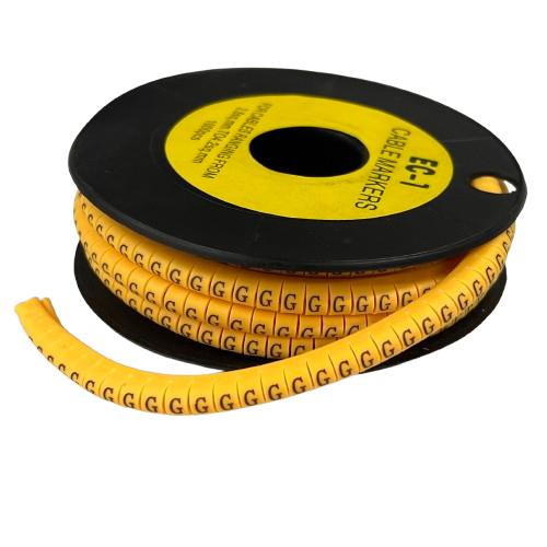 Reel of yellow Cable "G" Marker 2.6mm to 4.2mm Yellow strip with repeated G labels for cable identification