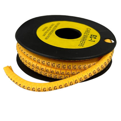 Reel of yellow Cable "G" Marker 2.6mm to 4.2mm Yellow strip with repeated G labels for cable identification