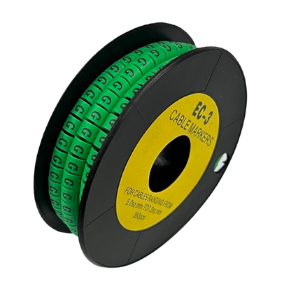 Spool of green Cable "G" Marker 5.0mm to 7.2mm labels on black reel for cable identification