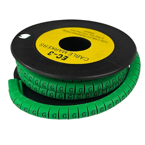 Green spiral cable markers on black spool with repeated G segments for labeling Cable "G" Marker 5.0mm to 7.2mm