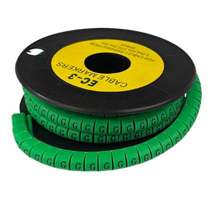 Green spiral cable markers on black spool with repeated G segments for labeling Cable "G" Marker 5.0mm to 7.2mm
