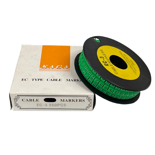 Green spool of Cable "G" Marker 5.0mm to 7.2mm cable markers on black reel with white box