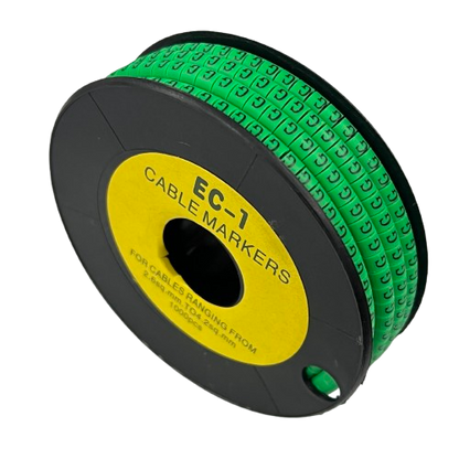 Grippes spool of Cable "G" Marker EC-1 Green 2.6mm to 4.2mm cable ID markers on black background