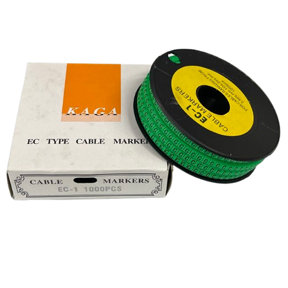 Grippes cable management spool with Cable "G" Marker EC-1 Green 2.6mm to 4.2mm on black reel and box