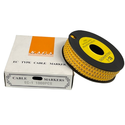 Spool and box of yellow Cable "H" Marker 2.6mm to 4.2mm cable markers for wiring organization