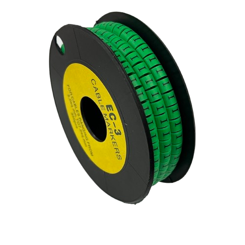 Spool of green segmented cable markers on black reel for wire labeling Cable "I" Marker 5.0mm to 7.2mm Green