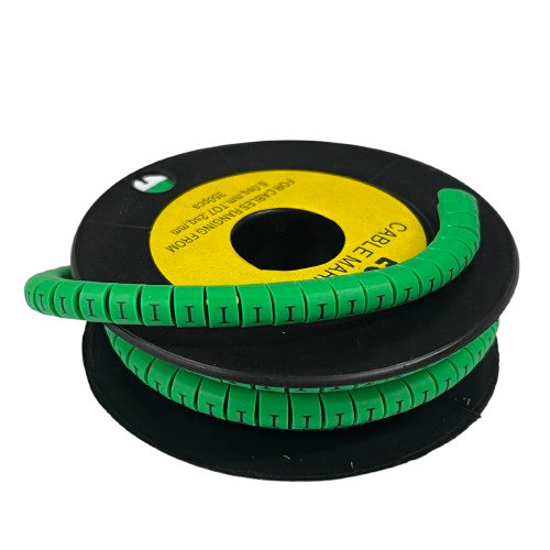 Spool of green segmented cable markers showing I labels Cable "I" Marker 5.0mm to 7.2mm Green for wire organization