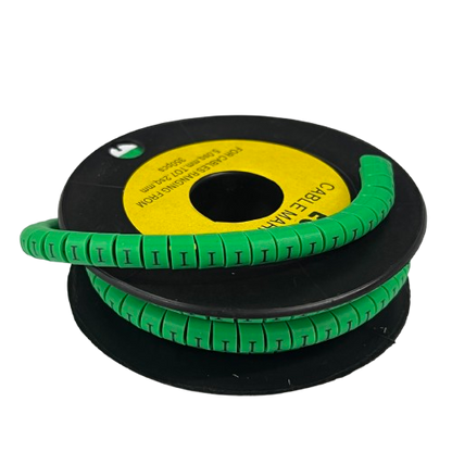 Spool of green segmented cable markers showing I labels Cable "I" Marker 5.0mm to 7.2mm Green for wire organization