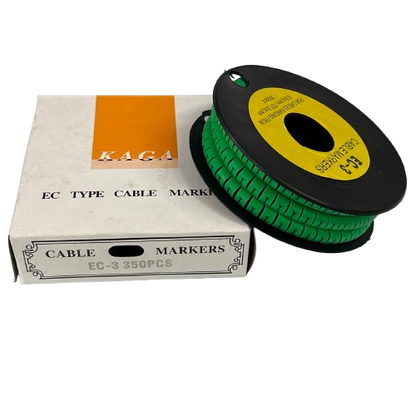 Spool of green snap on cable markers next to box for organized wiring Cable "I" Marker 5.0mm to 7.2mm Green made in China