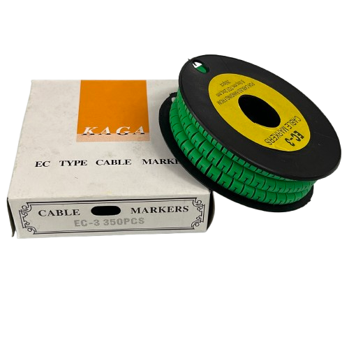 Spool of green snap on cable markers next to box for organized wiring Cable "I" Marker 5.0mm to 7.2mm Green made in China