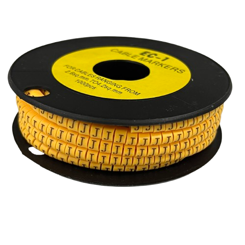 Spool of Cable "J" Marker 2.6mm to 4.2mm Yellow cable markers on black reel for cable identification