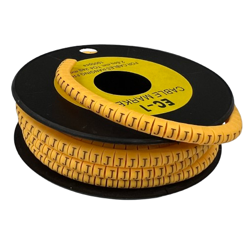 Spool of yellow flexible cable markers with repeated J labels for wire organization Cable "J" Marker 2.6mm to 4.2mm Yellow