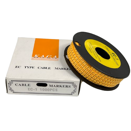 Spool of yellow cable markers and white box packaging Cable "J" Marker 2.6mm to 4.2mm Yellow for wire labeling