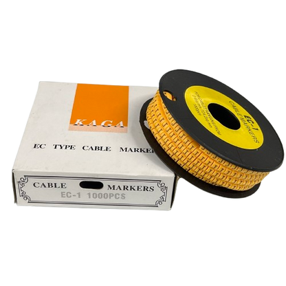Spool of yellow cable markers and white box packaging Cable "J" Marker 2.6mm to 4.2mm Yellow for wire labeling