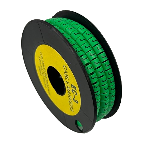 Spool of green Cable "J" Marker 5.0mm to 7.2mm Green cable markers on black reel for wire identification and organization