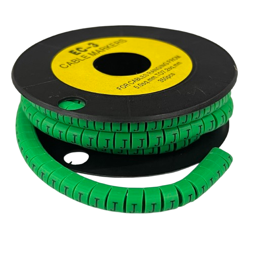 Spool of green segmented cable markers labeled Cable "J" Marker 5.0mm to 7.2mm Green for wire identification