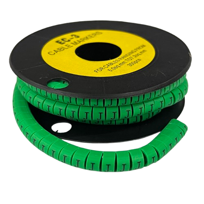 Spool of green segmented cable markers labeled Cable "J" Marker 5.0mm to 7.2mm Green for wire identification