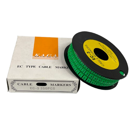 Spool of green Cable "J" Marker 5.0mm to 7.2mm Green on a black reel next to white box