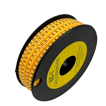 Cable "K" Marker 2.6mm to 4.2mm Yellow spool of adhesive letter K cable labels on black reel