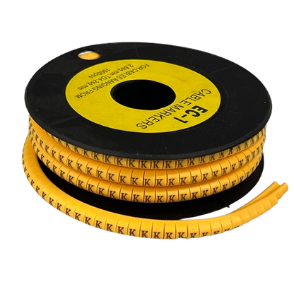 Spool of yellow Cable "K" Marker 2.6mm to 4.2mm Yellow cable identification tape with repeating K labels