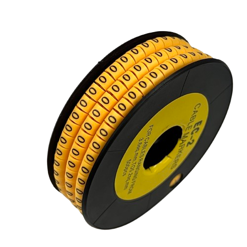 Grippes Cable Marker 0 - Yellow reel of numeric 0 cable markers on black spool for wire identification