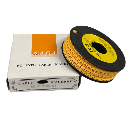 Grippes Cable Marker 0 - Yellow spool and box of EC type cable markers for cable management