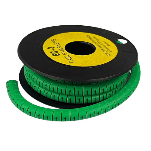 Cable Marker 1 Green segmented spiral cable marker tubing on black spool for wire identification