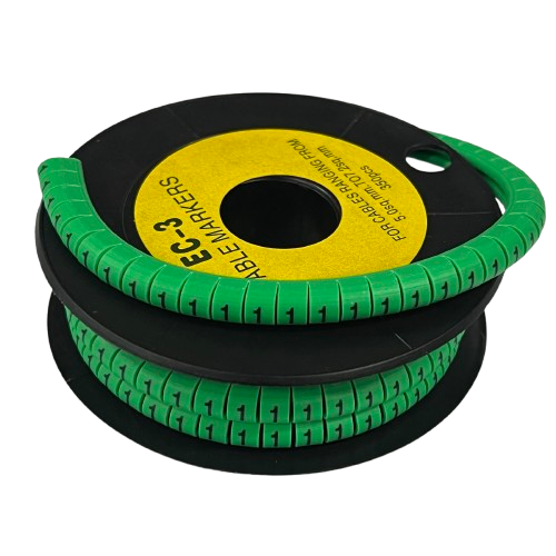 Cable Marker 1 Green spool of numbered markers on black reel for wire identification and organization