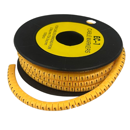 Spool of flexible spiral cable markers in yellow with repeated number 1 for wire labeling Cable Marker 1 Yellow