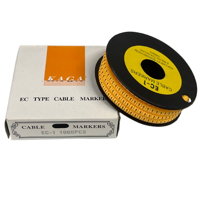 Cable Marker 1 Yellow spool of EC 1 cable markers 1000pcs on black reel with white box packaging from China