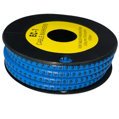 Spool of blue numeric cable markers with repeating 2 labels on a black reel Cable Marker 2 Blue
