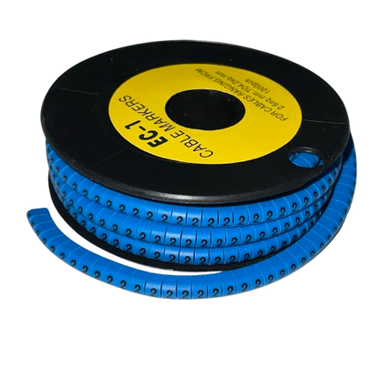 Spool of Cable Marker 2 Blue numbered cable labels on a black reel ideal for cable management