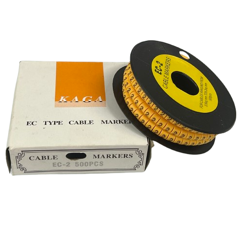 Spool of yellow numeric cable marker rings next to box for wiring Cable Marker - 2 Yellow