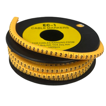 Spool of numbered adhesive Cable Marker 2 Yellow tags for organized cable management and wiring identification