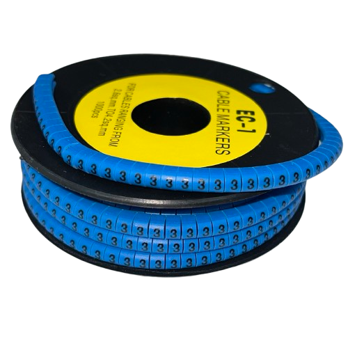 Cable Marker 3 Blue vinyl numbered markers on black spool for cable identification and organization
