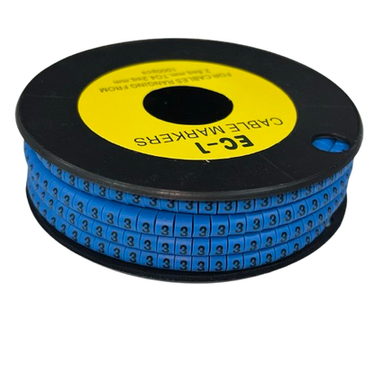 Cable Marker 3 Blue spool of adhesive number 3 cable markers on black reel for wire labeling