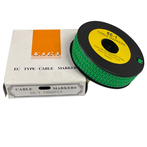 Grippes Cable marker 3 Green spool of EC1 cable markers next to box 1000pcs for wire labeling