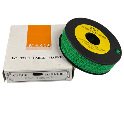 Grippes Cable marker 3 Green spool of EC1 cable markers next to box 1000pcs for wire labeling