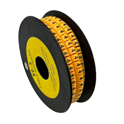 Grippes Cable Marker - 4 Yellow reel of numbered yellow sleeve markers for cable identification on black reel