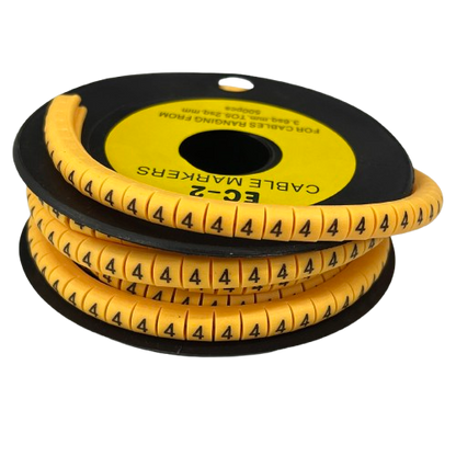 Grippes Cable Marker 4 - Yellow spool of flexible numbered cable management sleeves showing repeated 4 markings