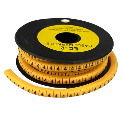 Grippes cable management spool of numeric markers showing repeated 4s Cable Marker 4 - Yellow for wiring identification