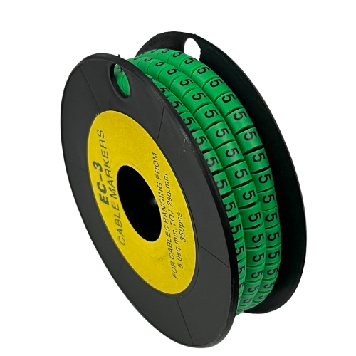 Cable Marker 5 Green spool of numbered cable markers on black reel for cable management and labeling