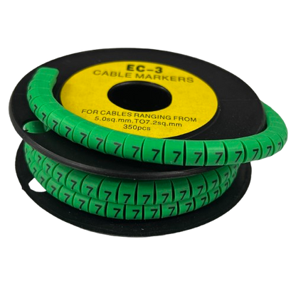 Cable Marker 5 Green segmented numeric cable markers on a black reel for wiring identification