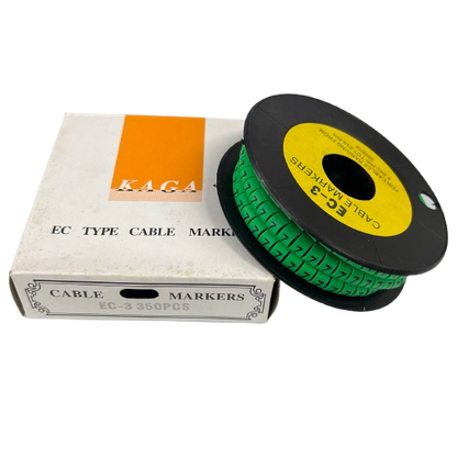 Spool of green numeric cable tags next to box for Cable Marker 5 Green ideal for labeling wires and cables